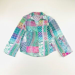 Zara bright patchwork blouse XS Oversize pink turquoise print button up Bohemian